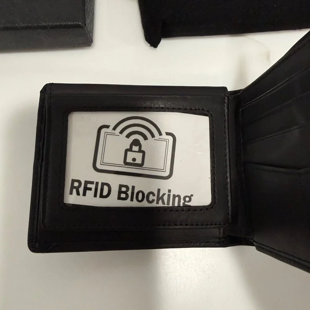 Mens Genuine Leather Wallet RFID Blocking Bifold 2‎ ID Window Black NEW